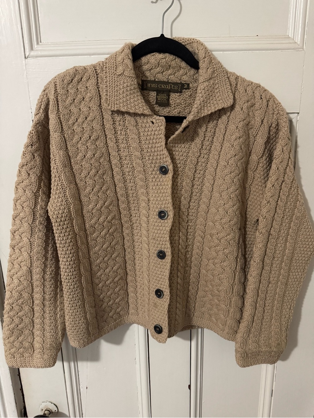 Inis Crafts 100% Merino Wool Cable Knit Cardigan Sweater